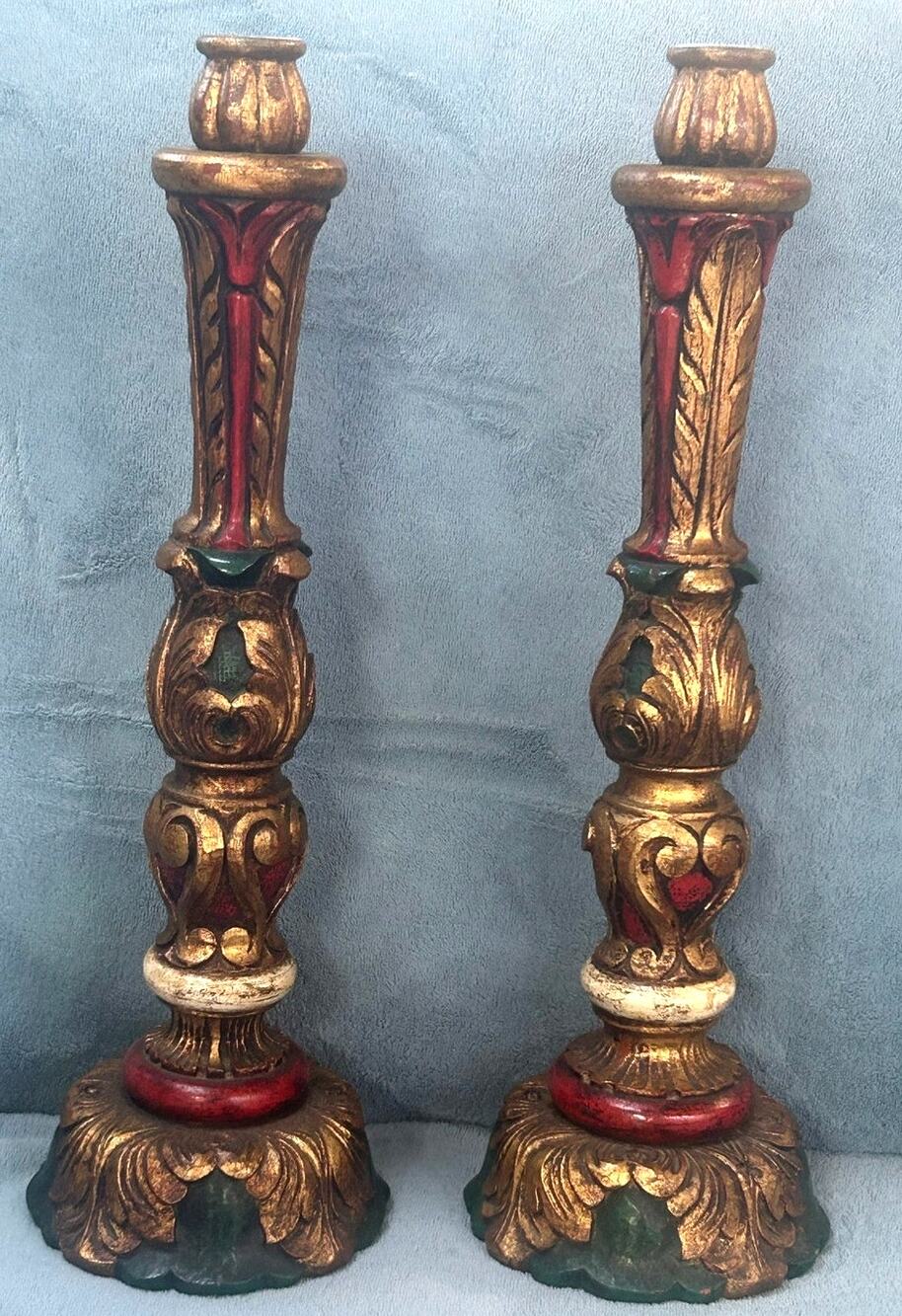 Pair Antique Guilded Wooden Pillar Candleholders